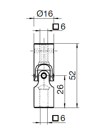 16 mm Kreuzgelenk Antrieb: 6 mm Vierkant-Bohrung & Abtrieb: 6 mm Vierkant-Bohrung