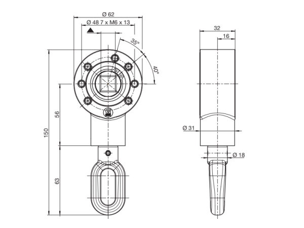Kegelradgetriebe 2,7:1 mit 13 mm Innenvierkant, Zink&ouml;se, beidseitig verwendbar